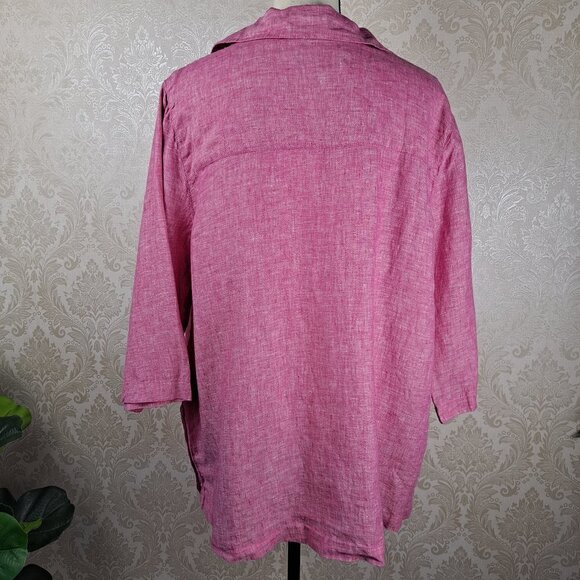 Tahari Size 1X 100% Linen Pink Blouse 3/4 Sleeve Collared V-Neck Side Buttons - Picture 5 of 10